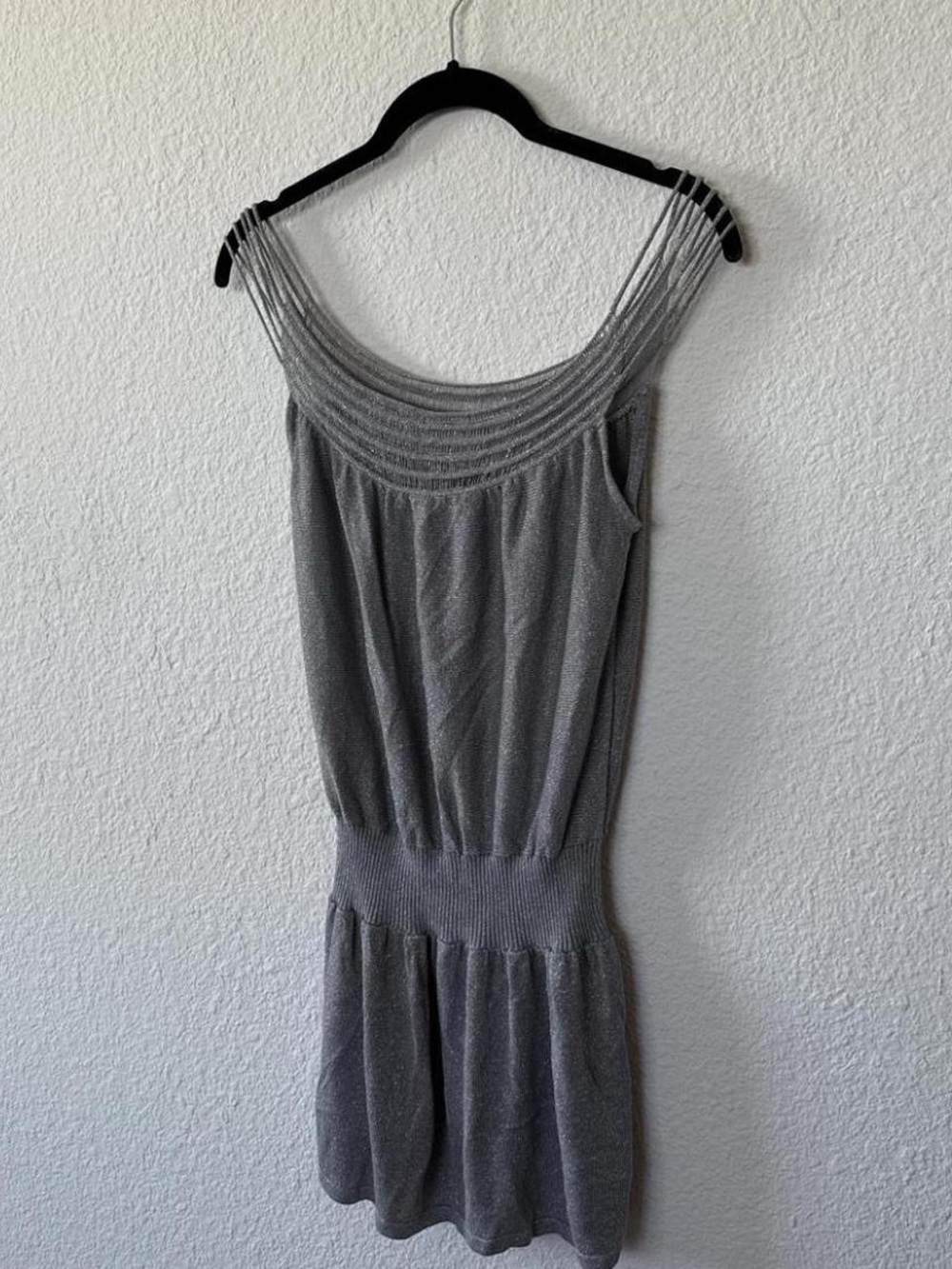 Vintage Arden B Silver Grey Sleeveless Knit Mini Dress with Multi-Strap Scoop